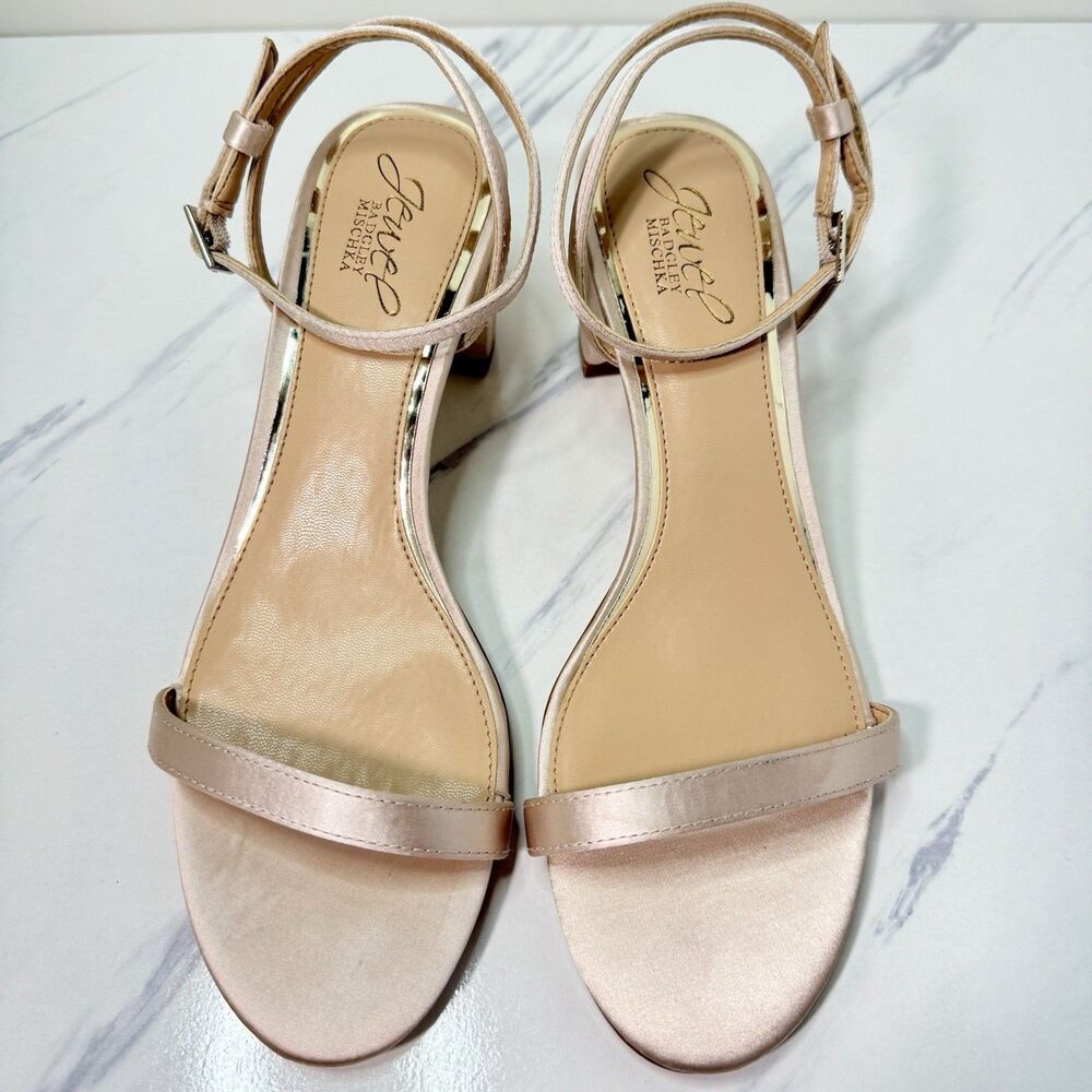 Badgley Mischka Y2K 90s Vibe Rose Satin Formal Bridal Cuban Heel Sandals Size 8 - Picture 4 of 11